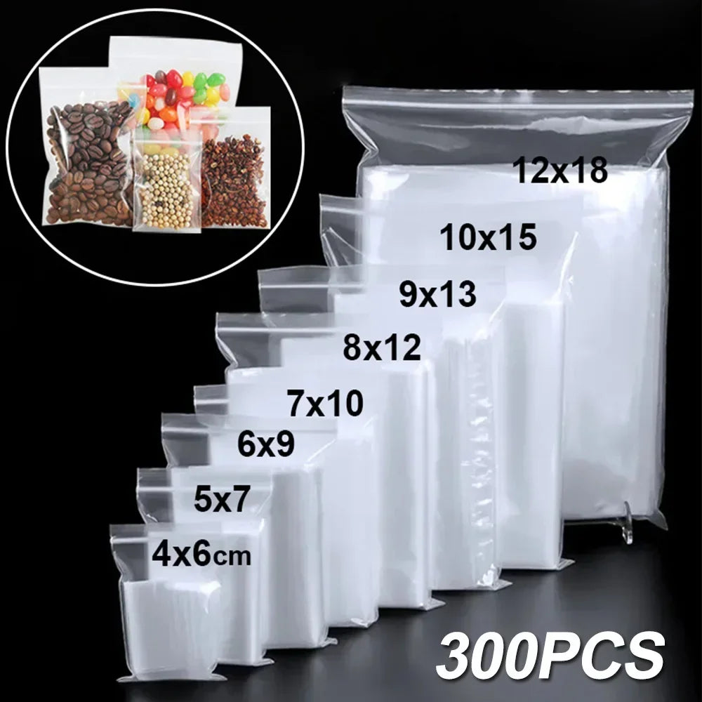 300/100PCS Transparent Zip Bags Food Jewelry Vacuum Storage Bag Plastic Thicken Reclosable Poly Bag Kitchen Organization Package by Smarsty
