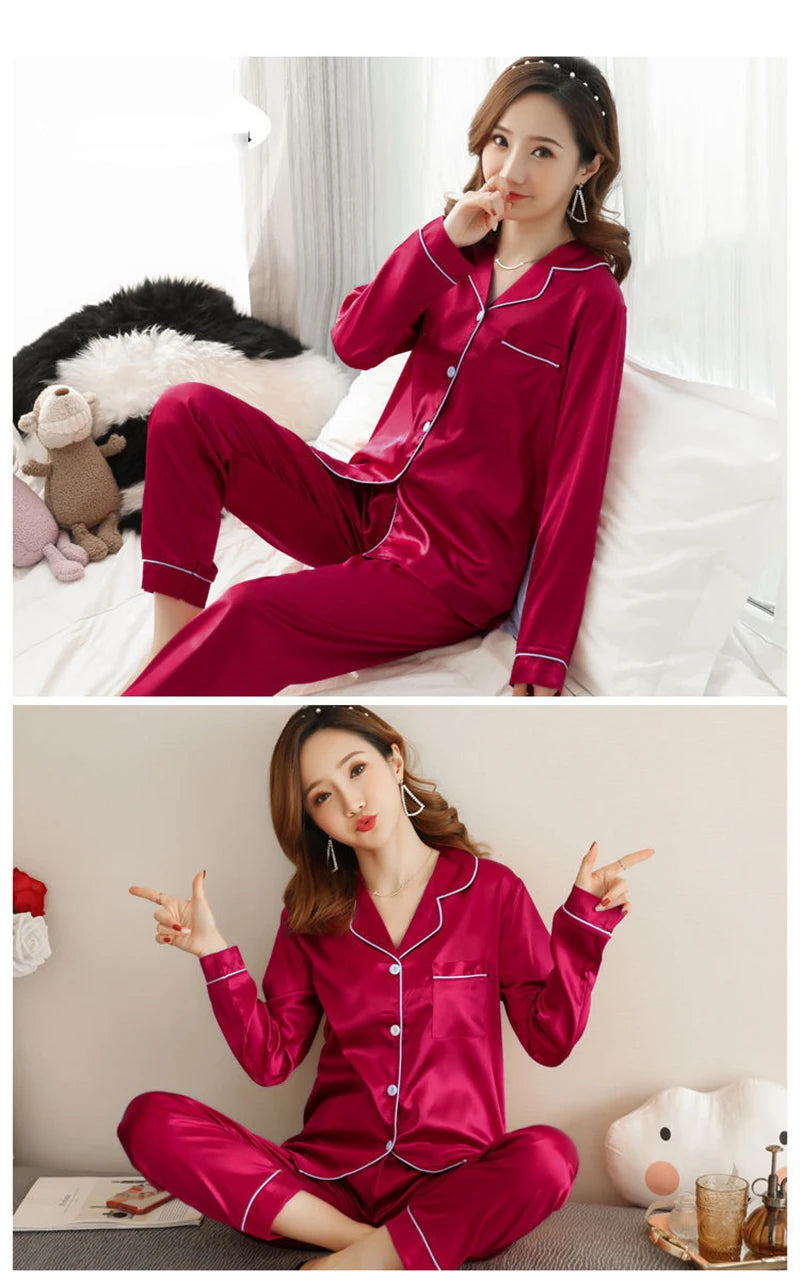 Pajamas Sets for Women 2024 Sexy Silk Women Pijama Sets Sleepwear Long-sleeve Cardigan Set Female Ice Silk Pyjamas Home Clothing - Smarsty