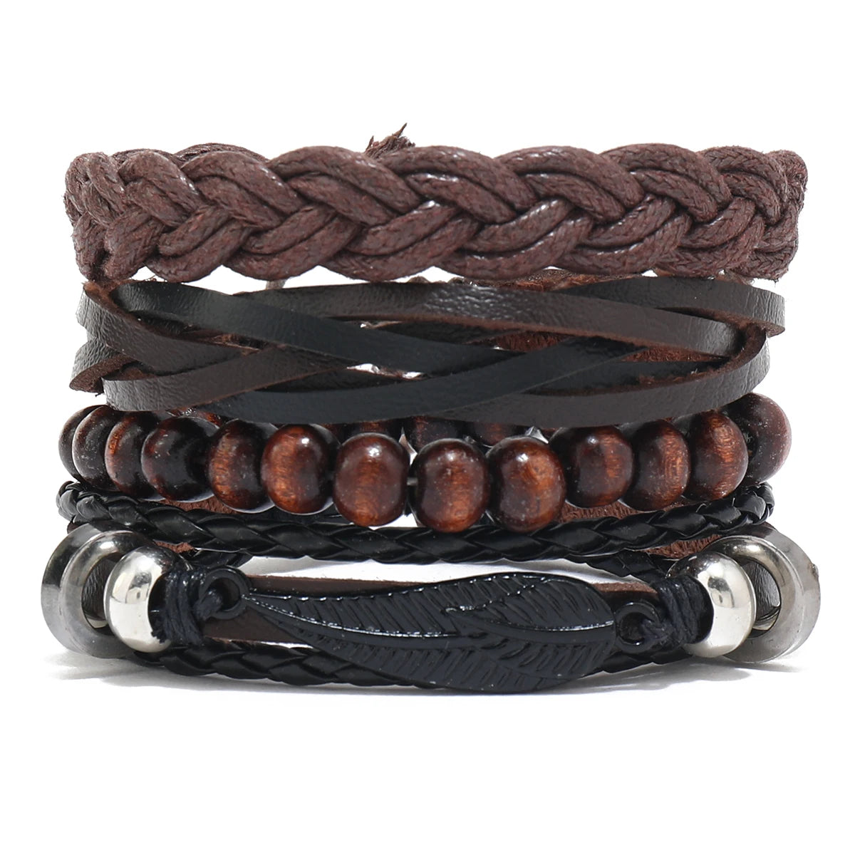 Vintage Leather Men Bracelet Woven Brown Wood Beads - Smarsty