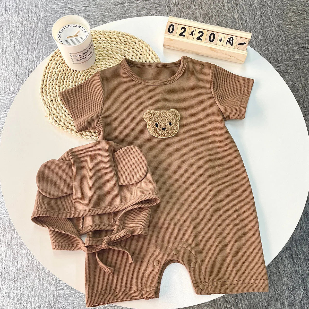 New In Summer Kids Baby Girls Boys Short Sleeve Waffle Patch Bear Infant Newborn Jumpsuits Cotton Romper Gift Hat with Ear by Smarsty