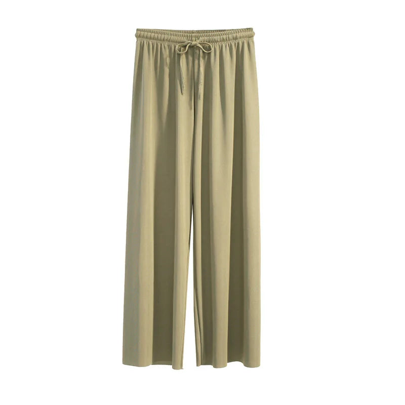 Women Ankle-Length Wide Leg Pants Casual Summer Solid Elastic Waist Loose Ice Silk Pants Spring Summer Female Trousers - Smarsty