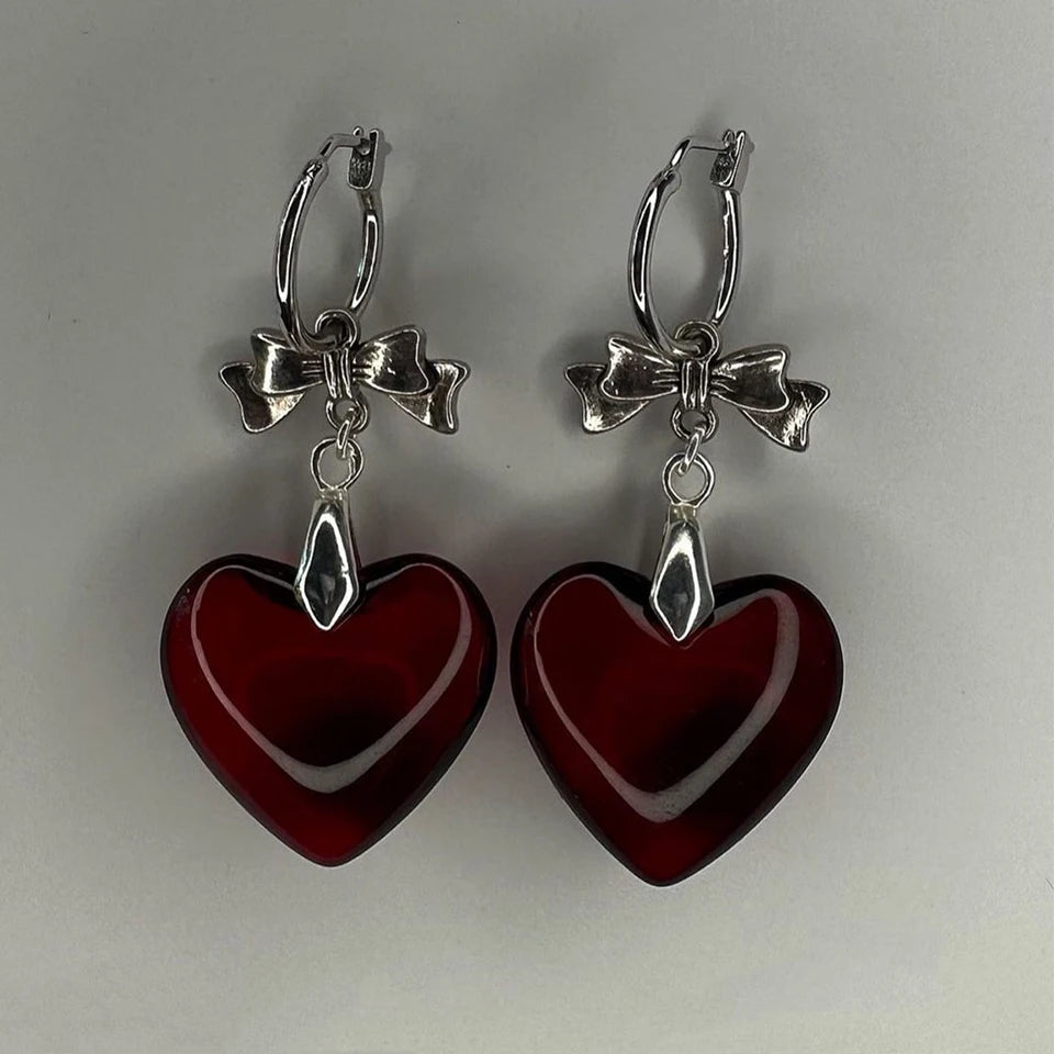 Harajuku Red Glass Heart Dangle Earrings for Stylish Women - Smarsty