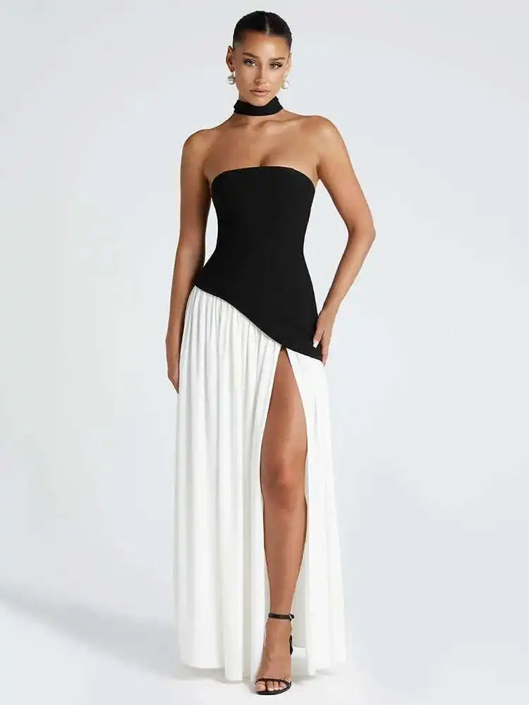 Mozision Strapless Off-shoulder Sexy Maxi Dress For Women Gown Patchwork Scarf Collar Thigh High Split Club Party Long Dress - Smarsty