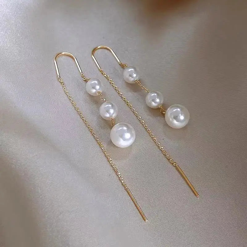 Korean Pearl Tassel Drop Earrings for Women with Zircon Detail - Smarsty