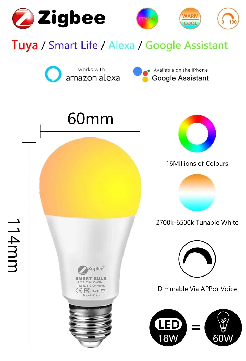 Tuya Smart E27 LED Bulb with RGB Colors and Remote Control - Smarsty