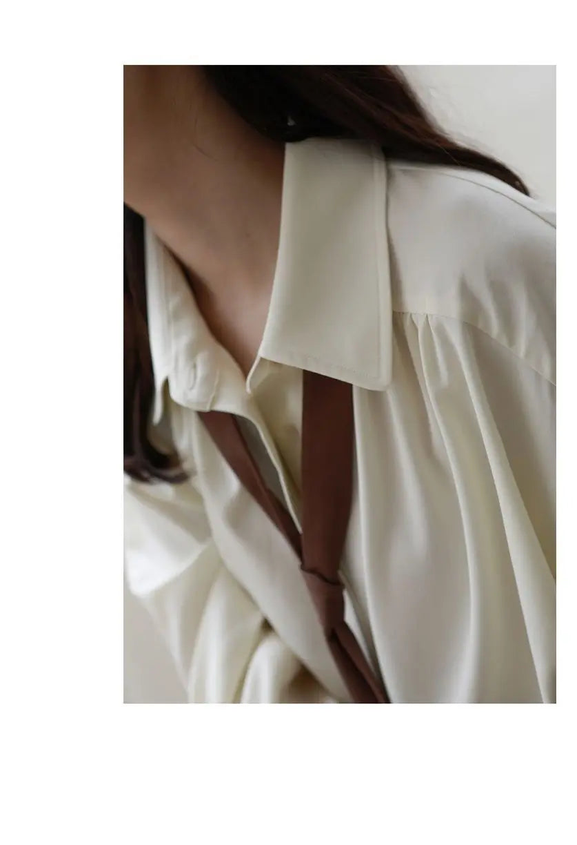 2025 Summer Minimalist Long Sleeve Button Up Shirt Women Korean Style Solid Tie Oversize Shirts Blouse Loose Clothes Autumn Tops - Smarsty