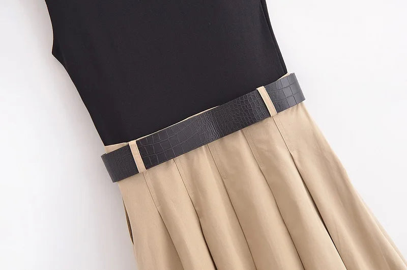 MUJER 2025 Woman Dresses Belt Pleated Midi Dress Women Sleeveless Summer Dress Woman Knitted Party Dresses for Women Sundress - Smarsty