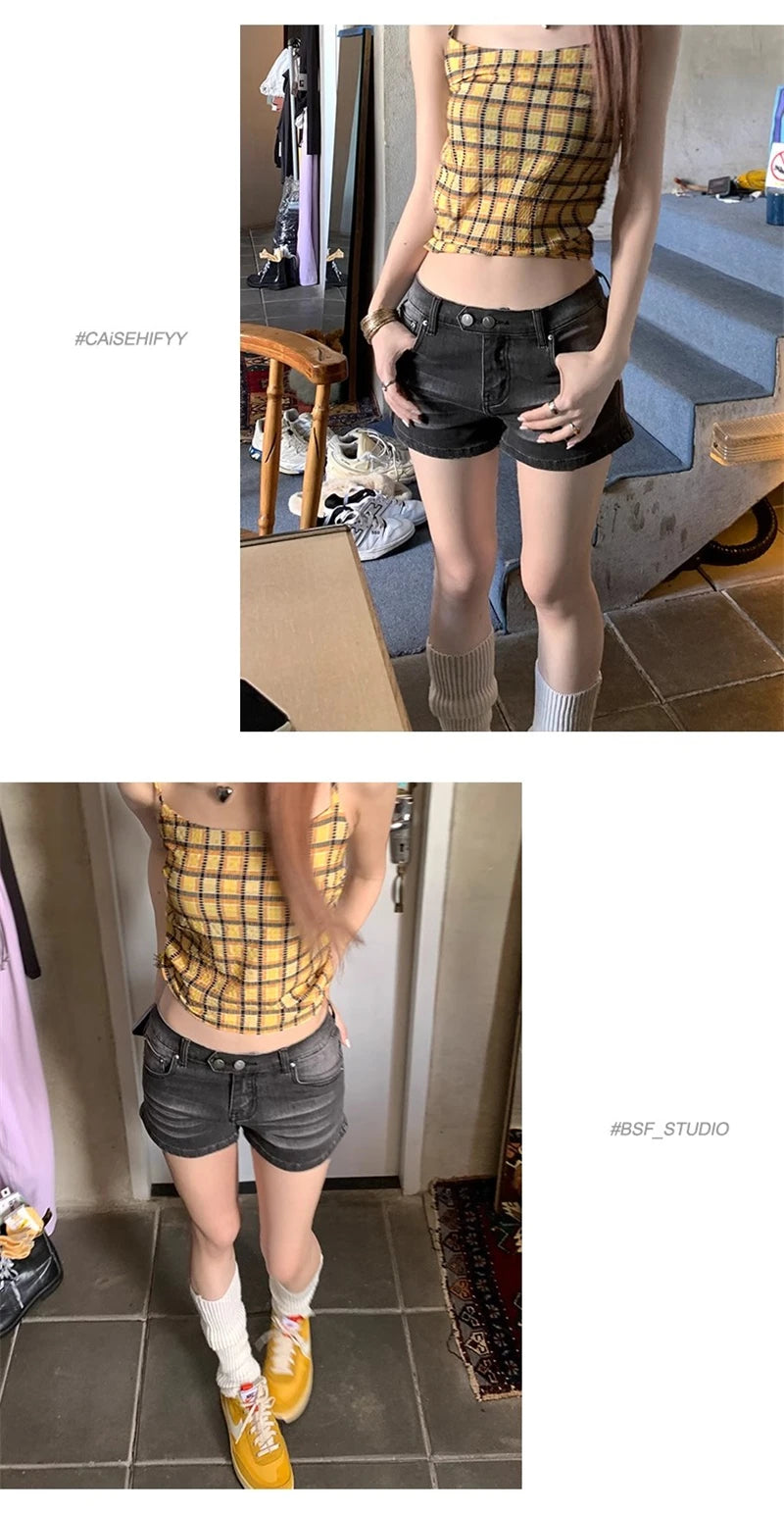 Women's Grey Denim Shorts Low Waist Mini Jeans Shorts 2000s Vintage 90s Y2k Emo Cowboy Short Pants Harajuku Clothes Summer 2024 - Smarsty