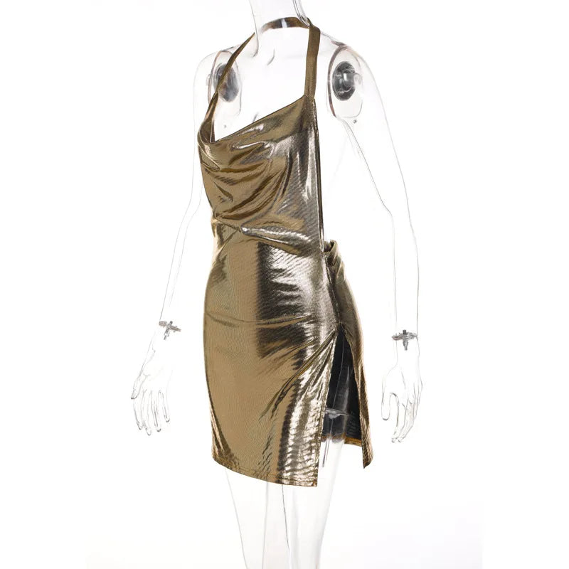 Sexy and Fashionable Women's Elegant Short Dress with Hanging Neck Backless Bottom Chest Sequin Party Girl Dance Dress - Smarsty