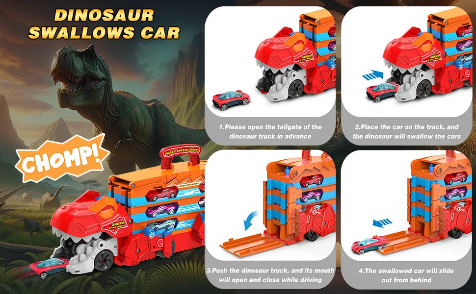 Dinosaur 3-In-1 Transport Truck Car Toys for Boys Age 3+ 8 Race Cars Ejection Folding Portable Track Toy with Sound for Kids
