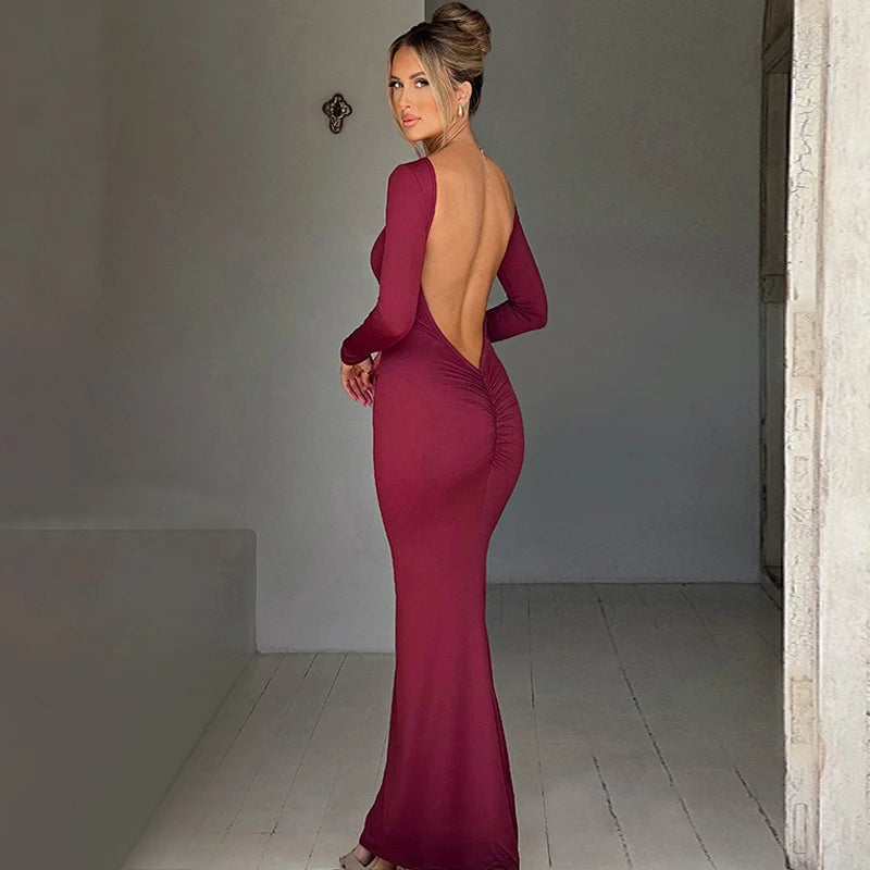 Hugcitar Spring Elegant Long Sleeve Backless Solid Cuched Sexy Bodycon Maxi Prom Dress Women Outfit Evening Party Festival Y2K - Smarsty