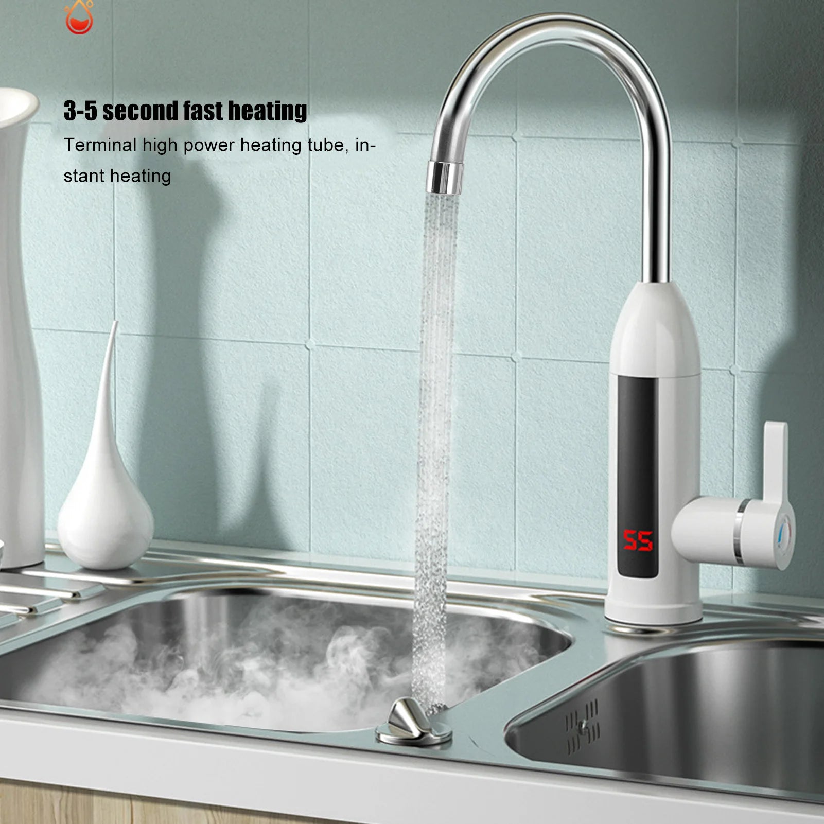 3000W Instant Heating Faucet Water Heater Faucet IPX4 ABS Tankless Stainless Steel Kitchen Heating Tap for Home
