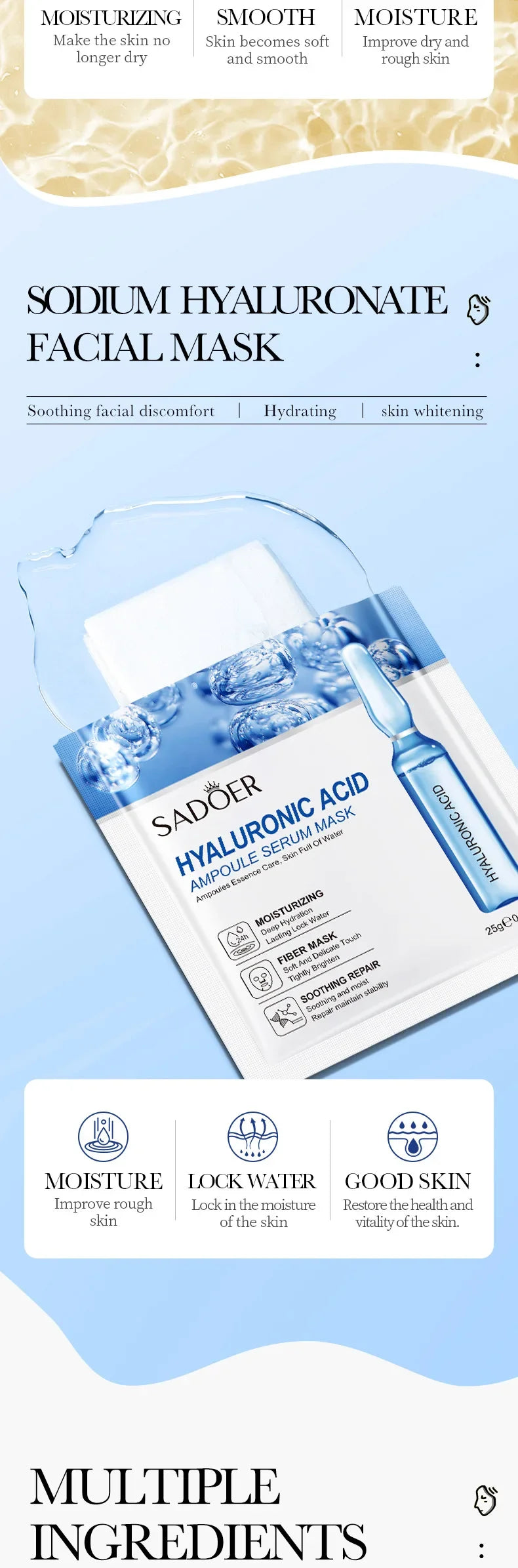 24K Gold Hyaluronic Acid Face Masks for Firming and Moisturizing - Smarsty