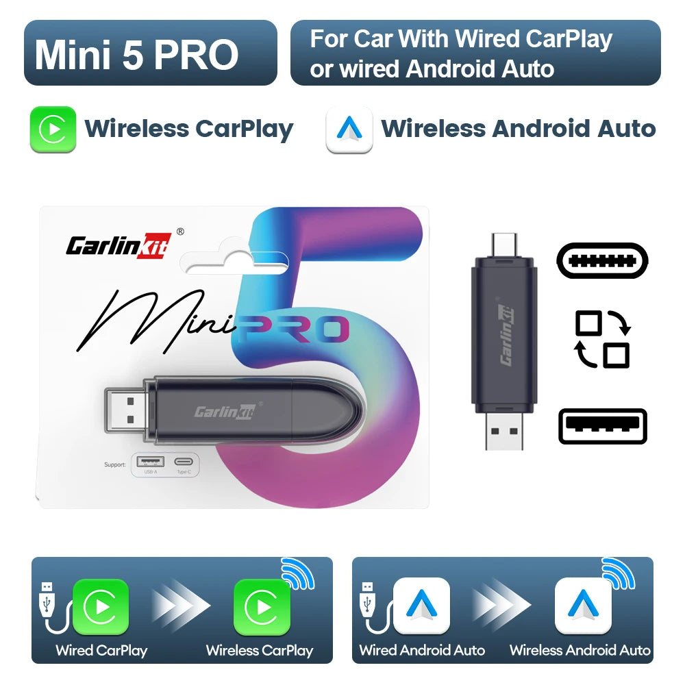CarlinKit 5.0 Mini Ultra / Pro Wireless CarPlay & Android Auto Adapter For OEM Cars Upgrade WiFi BLE Wireless Auto-connect Phone