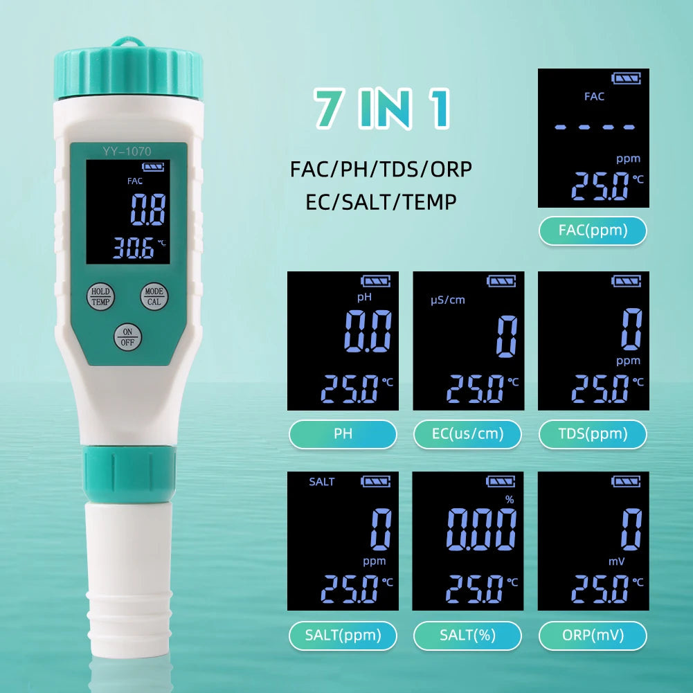 Digital Chlorine PH Tester 7 in 1 Water Quality Analyzer - Smarsty