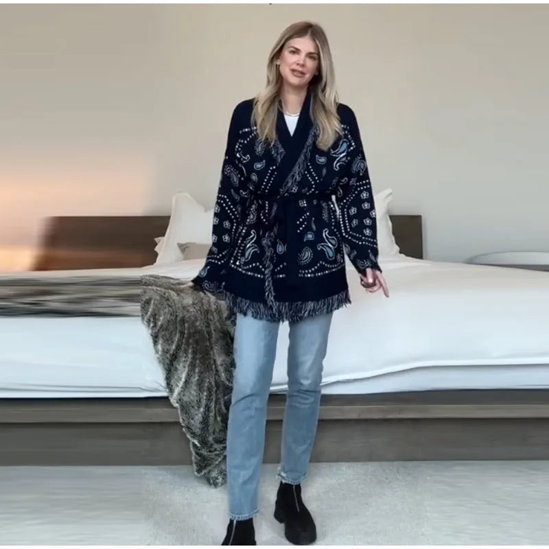 Tassel Patchwork Printed Cardigan Women Geometric Patterns Belts V-neck Long Sleeve Knitted Street Lady Sweater 2025 Autumn Coat - Smarsty