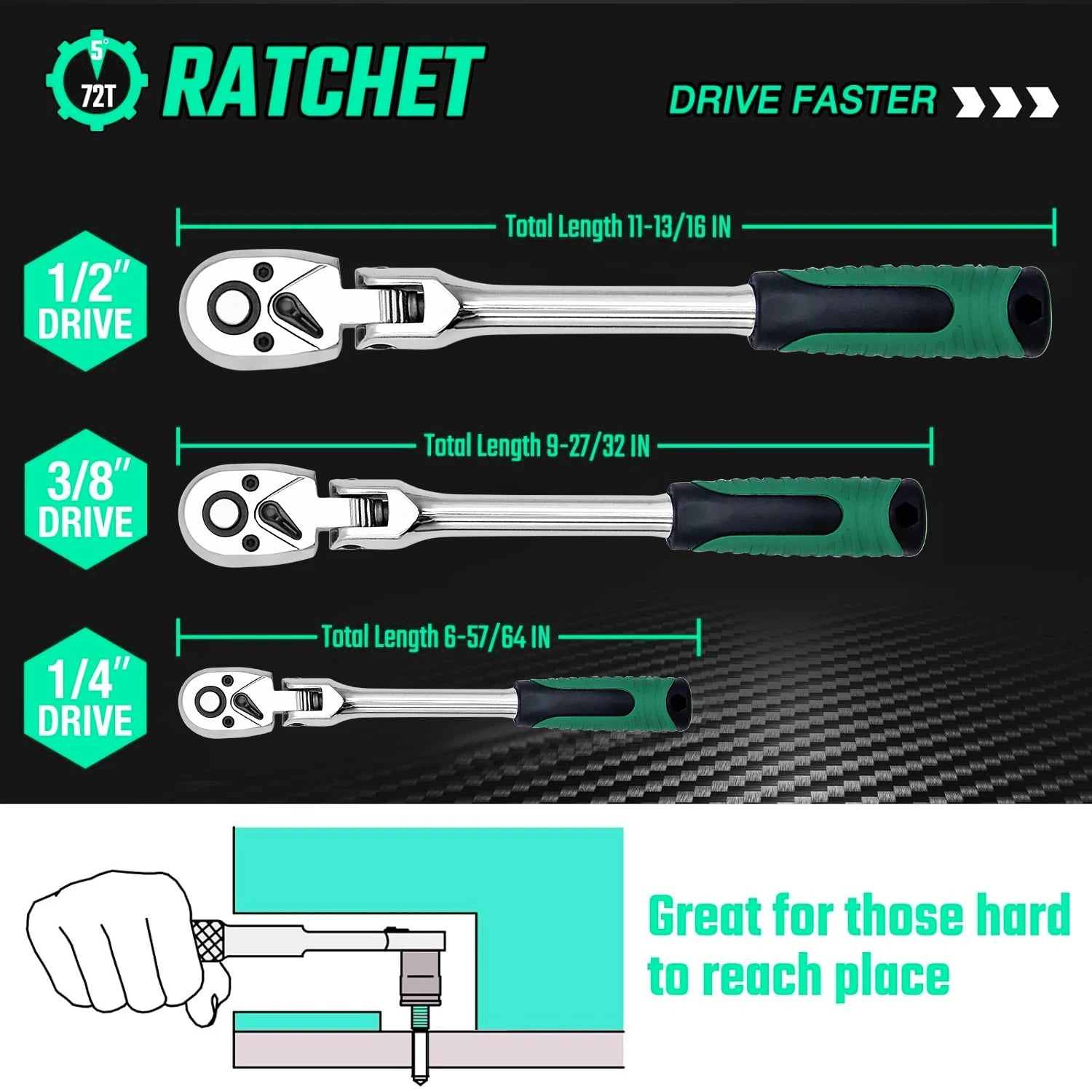 3-Piece Flex Head Ratchet Set, 1/4", 3/8", 1/2" Drive, 72-Tooth Ratchet with Chromium Plating Quick Release Reversible Design