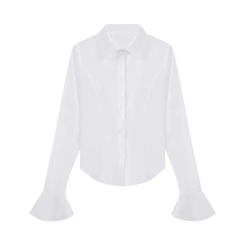 Gidyq Fashion Women Bandage Shirts Korean All Match Streetwear Female Slim Blouse Spring Casual White Bell Sleeve Shirt New - Smarsty