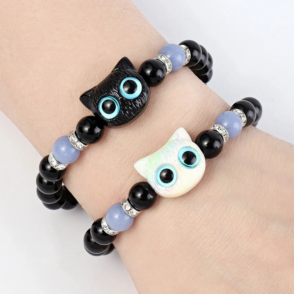 1 PC Matching Bracelets Couples Women Men Luminous Cute Cat Friendship Bracelete Black White Cat Head Bead Strand Bracelet - Smarsty