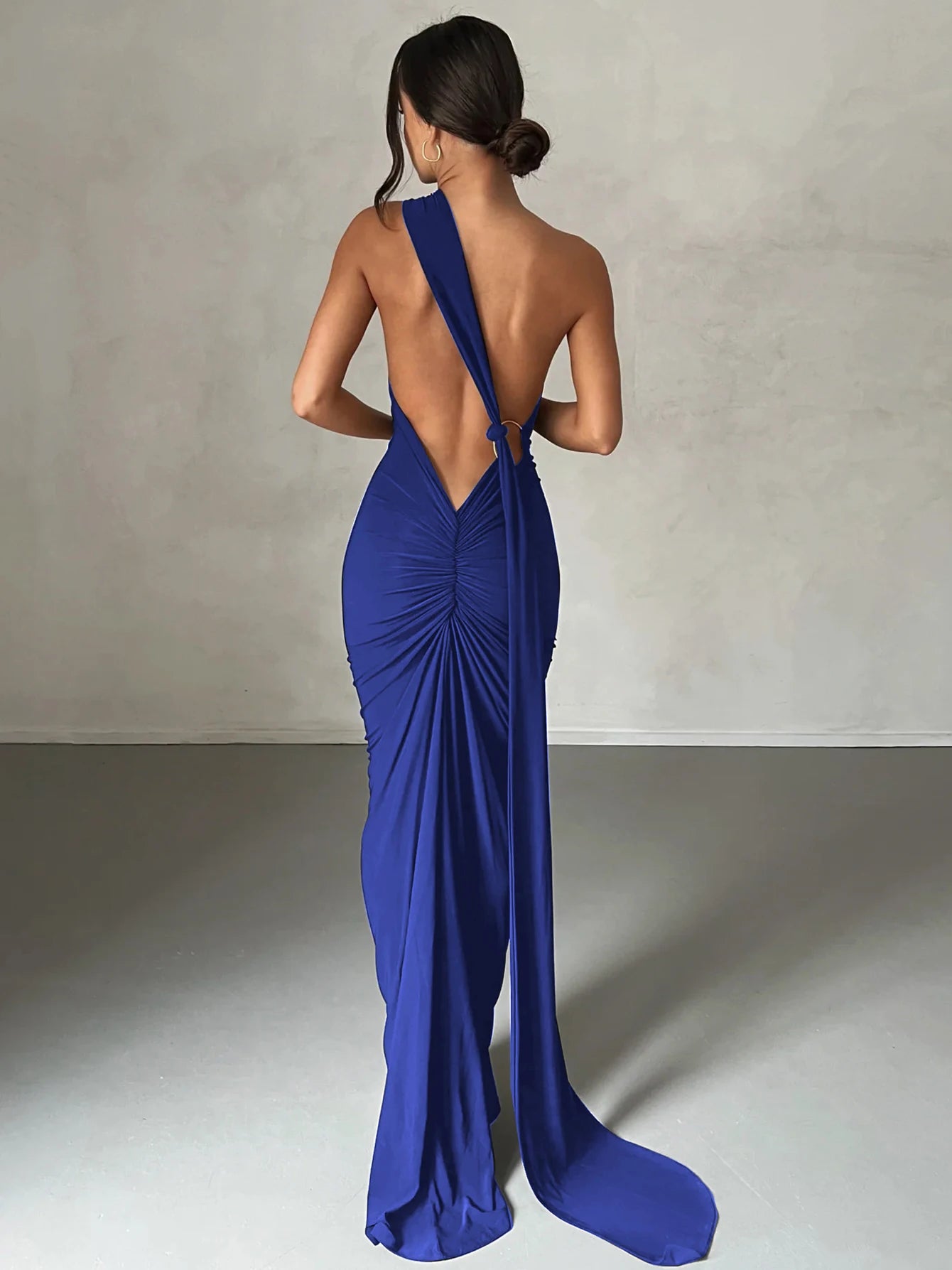 Hugcitar One Shoulder Backless Adjustable Scarf Loop Ruched Sexy Maxi Dress Women Elegant Y2K Streetwear Festival Outfit - Smarsty