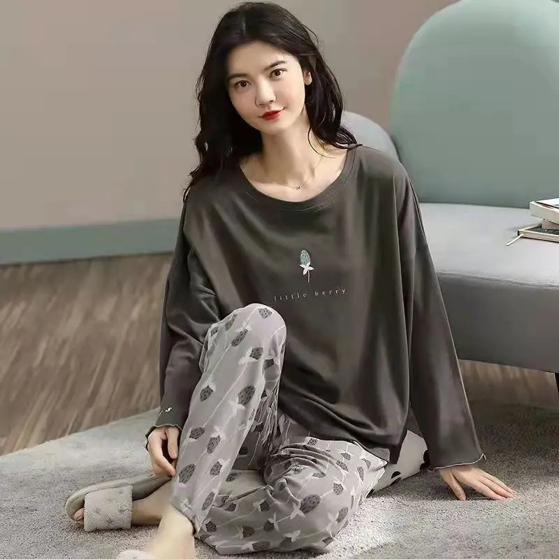 Spring and Autumn New Ladies Pajamas Homewear Set of Long-Sleeved Autumn and Winter Homewear Women Plus Size Pajamas Set - Smarsty