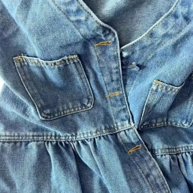 Sleeveless Strap Dress Women Summer Single-Breasted Pockets Denim Dresses Woman Korean Style Loose A Line Mini Dress - Smarsty