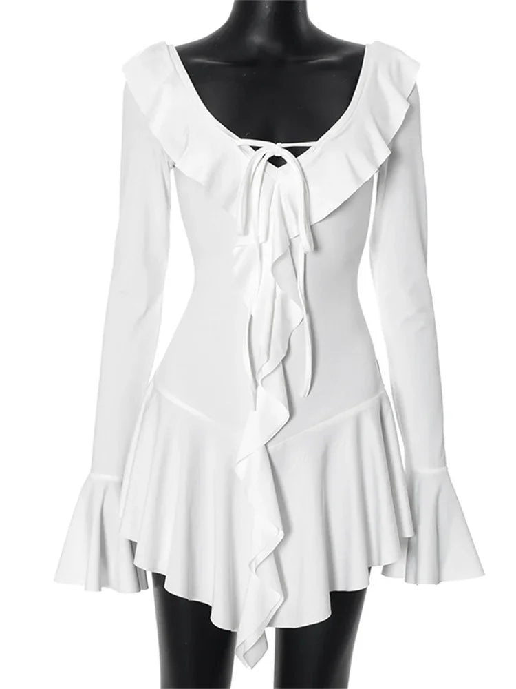 Tossy Ruffled Lace-Up White Mini Dress Women's V-Neck Patchwork Long Sleeve Sexy Slim Dress Bandage Elegant Female Summer Dress - Smarsty