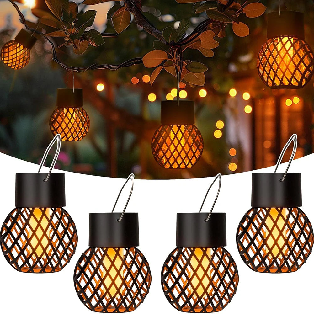 4 PCS Solar Lanterns Outdoor with Flickering Flame Solar Hanging Light with Hook LED Solar Light for Yard Patio Tree Camping