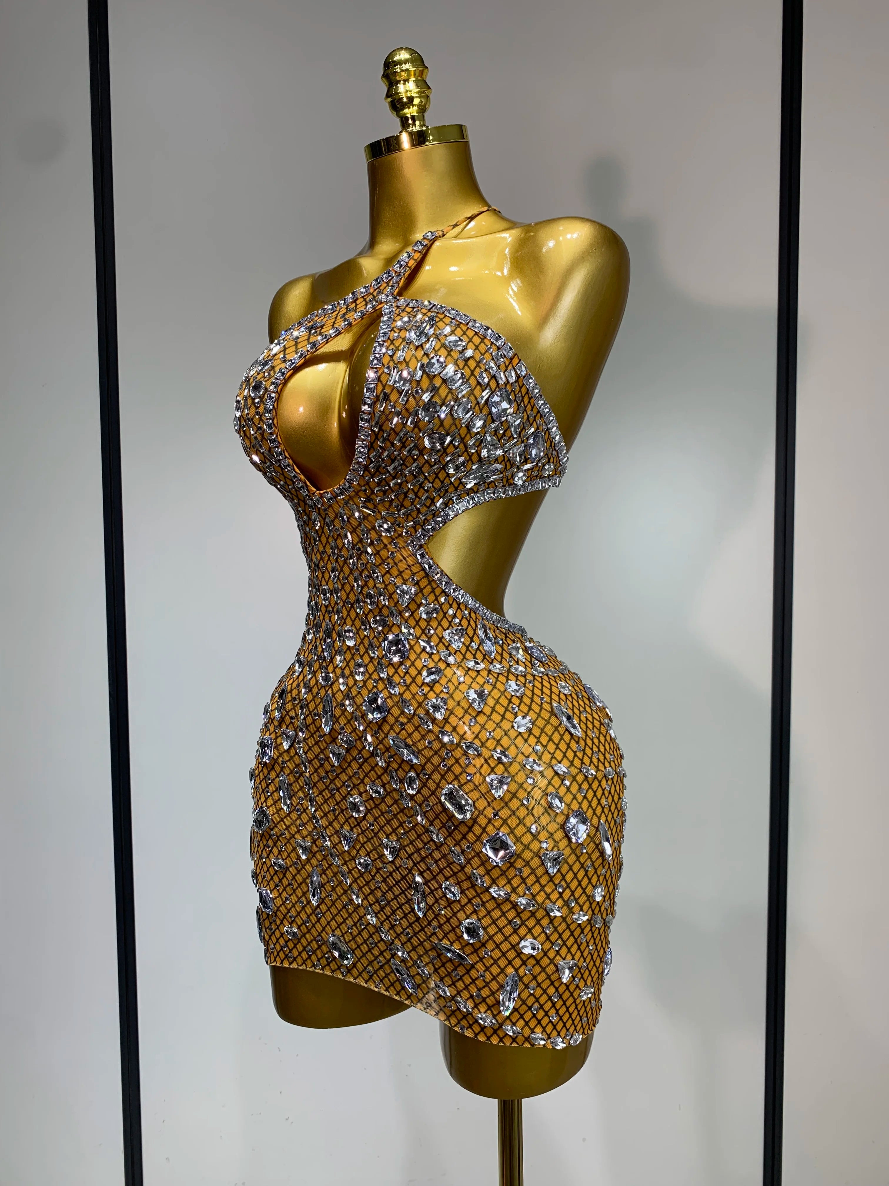 Sexy Sparkly Diamond Backless Short Dress 2025 Women Sleeveless Mesh See Through Evening Birthday Gown Singer Stage Outfit - Smarsty