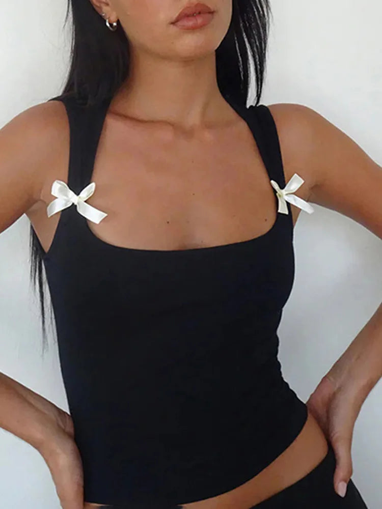 Y2K Women'S Bow Tie-Up Tank Tops Wide Shoulder Straps Bandage Camisole Sexy Low Cut Crop Tops Female Vest Tops - Smarsty