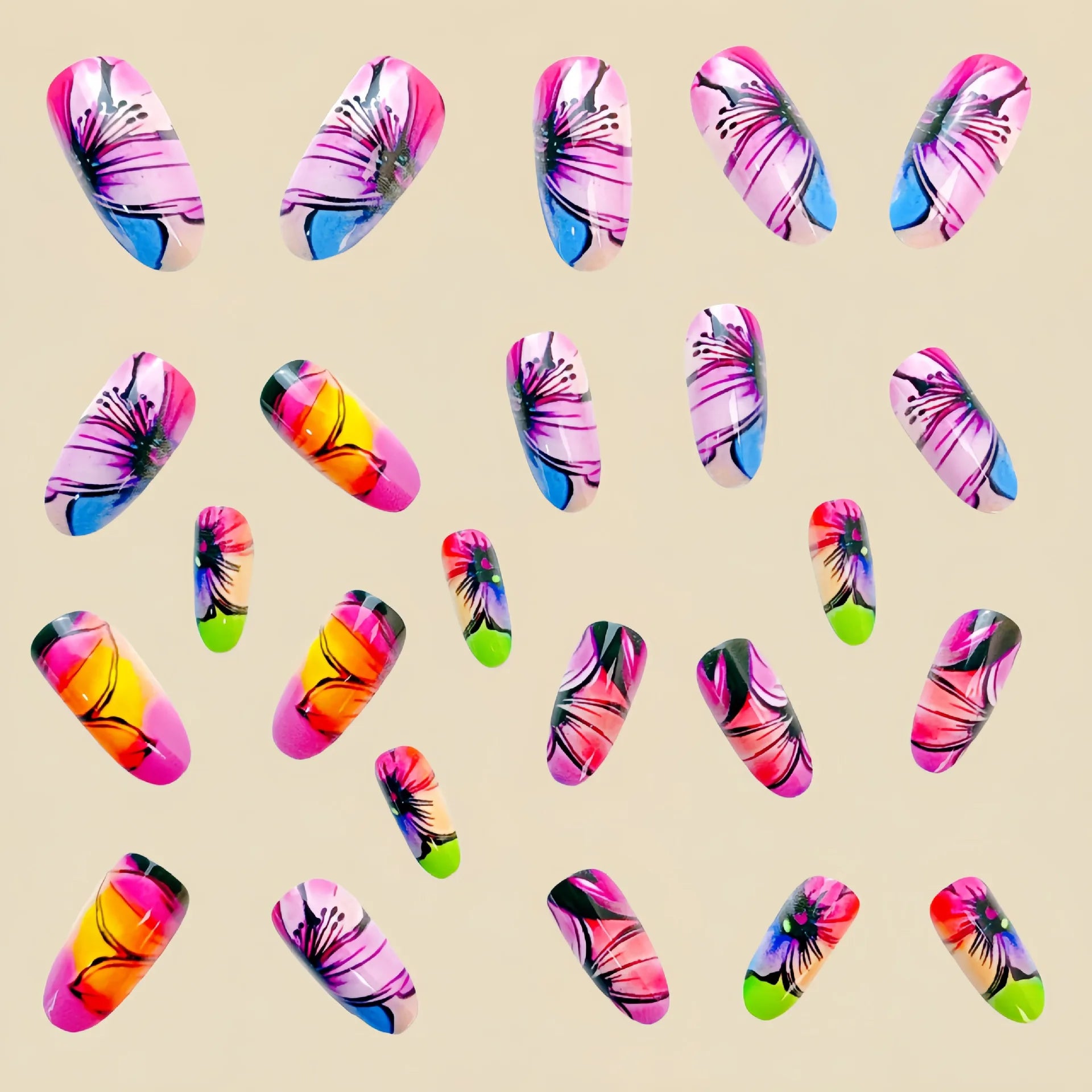 24 Piece Set Medium Long Press On Nails with Peach Flower Design - Smarsty