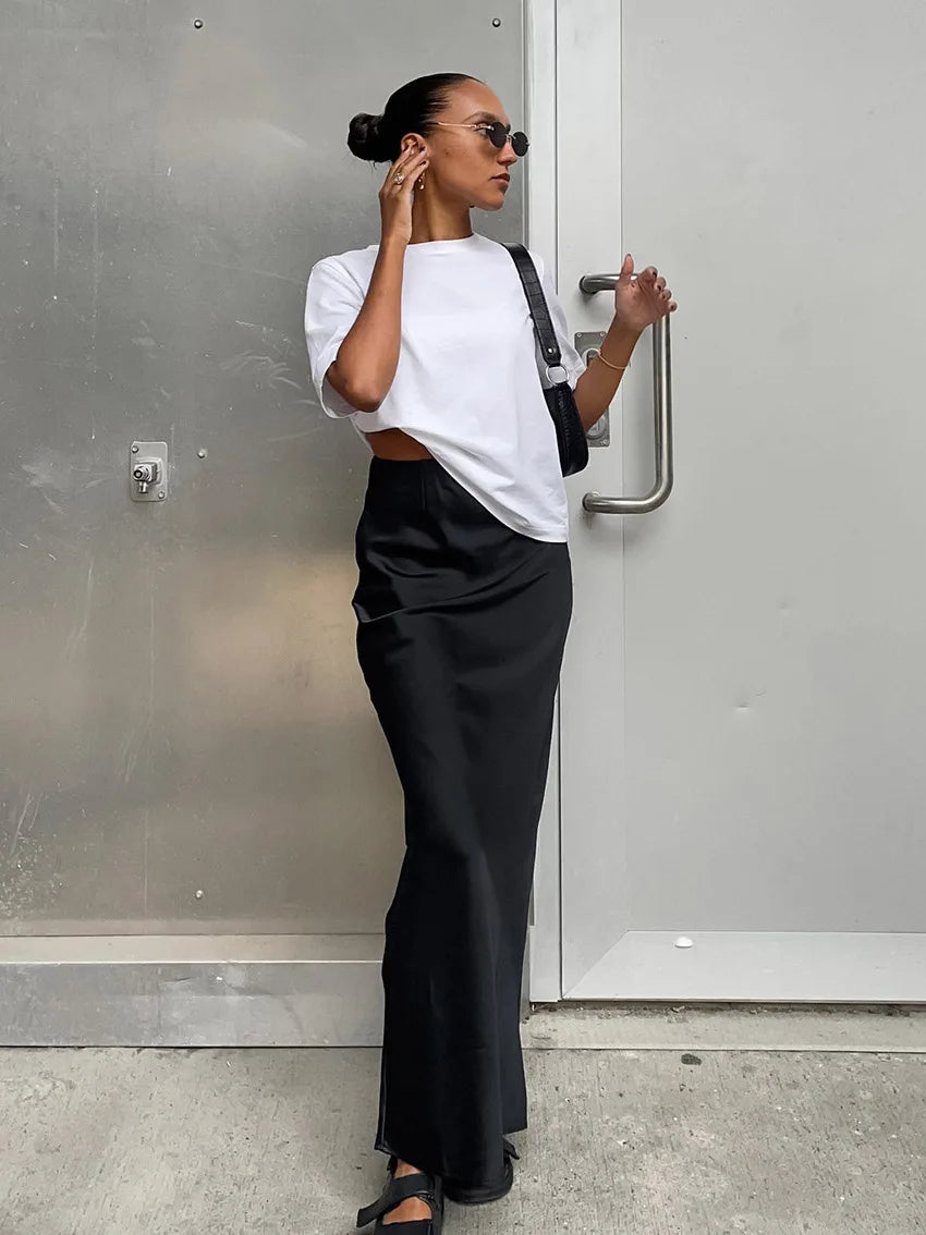 Elegant Satin Black Trumpet Skirts Fashion Slim High Waist Skirts Women Female Solid Office Long Skirt Spring Summer - Smarsty