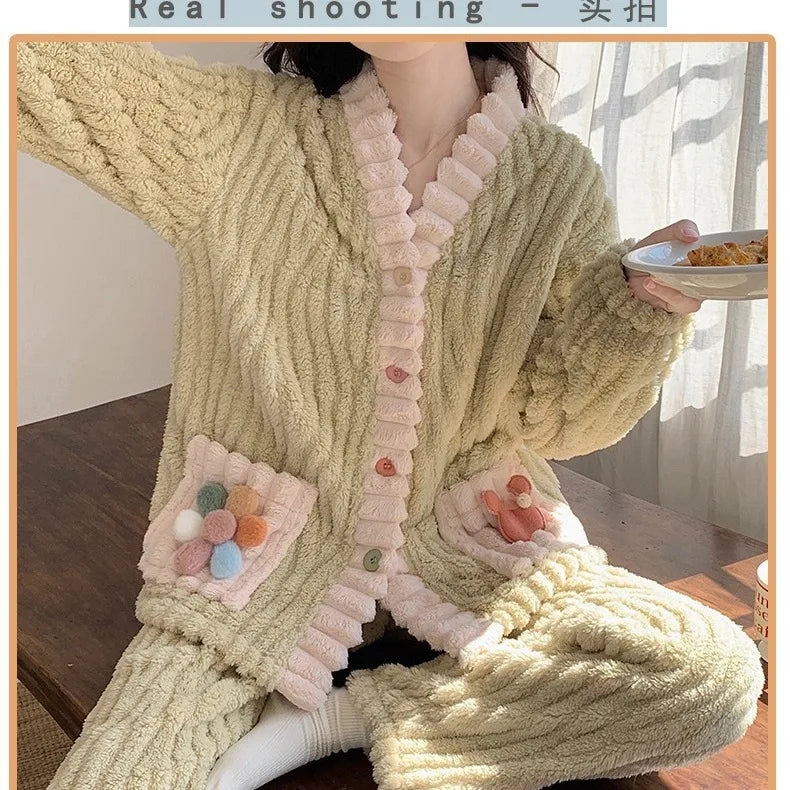 Thickened Warm Flannel Women Sleepwear Loungewear Cardigan Suit Winter Sweet Kawaii Soft Fairy Wind Ladies Pajamas Homewear - Smarsty