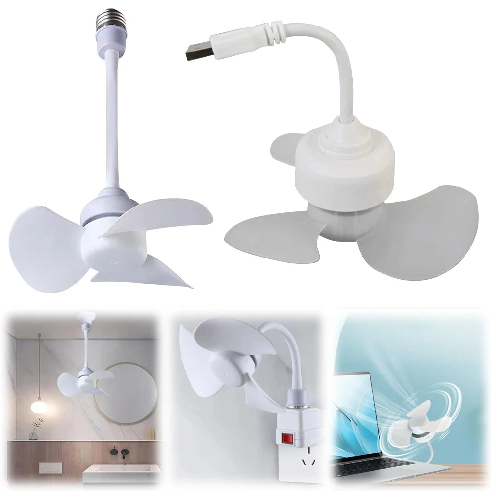 Indoor Ceiling Fan Light E27 Base/USB Light Bulb Fan with Socket Hose Extender Small Ceiling Fan Light for Bedroom Living Room