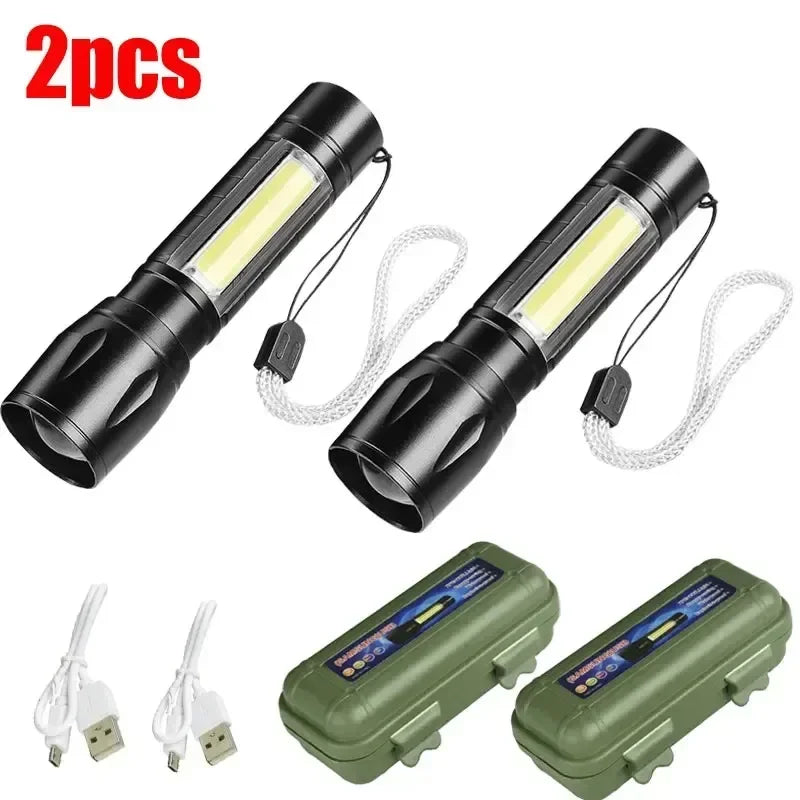 Mini LED Flashlight COB+XPE Portable Torch USB Charging Camping Lantern Zoomable Focus Light Tactical Flashlight with Pen Clip - Smarsty