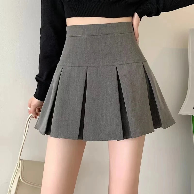Vintage Gray Pleated Skirt Women Kawaii High Waist Mini Skirts Korean Fashion School Uniform Harajuku Streetwear Spring - Smarsty