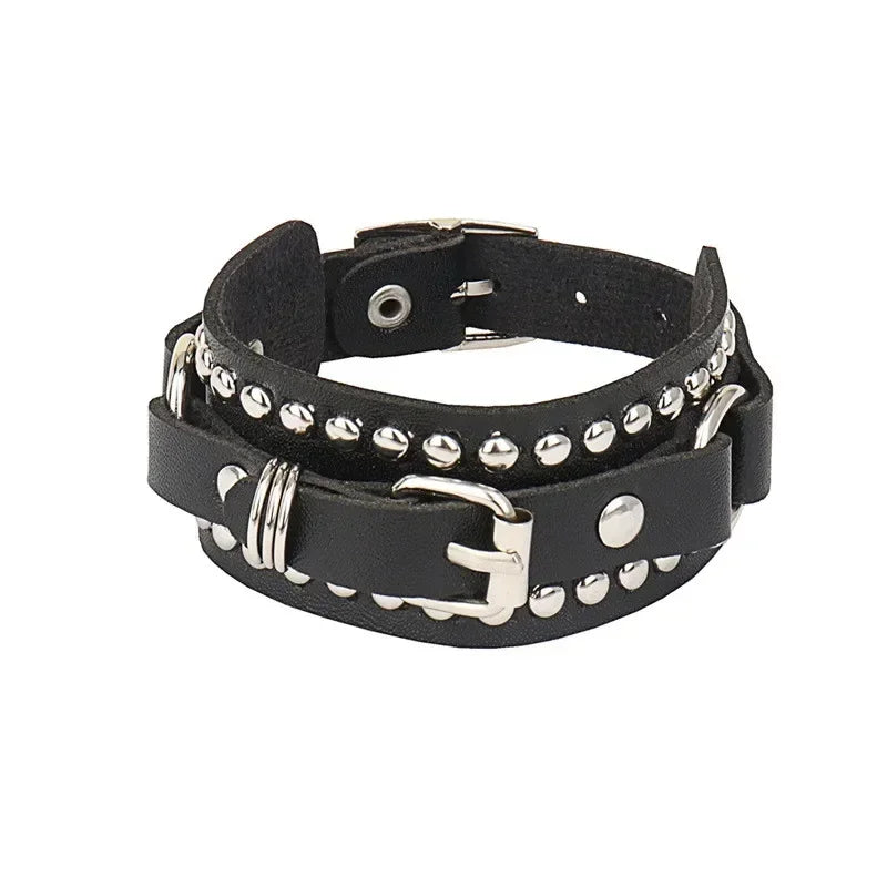 Adjustable PU Leather Studded Punk Bracelet for Men Women - Smarsty