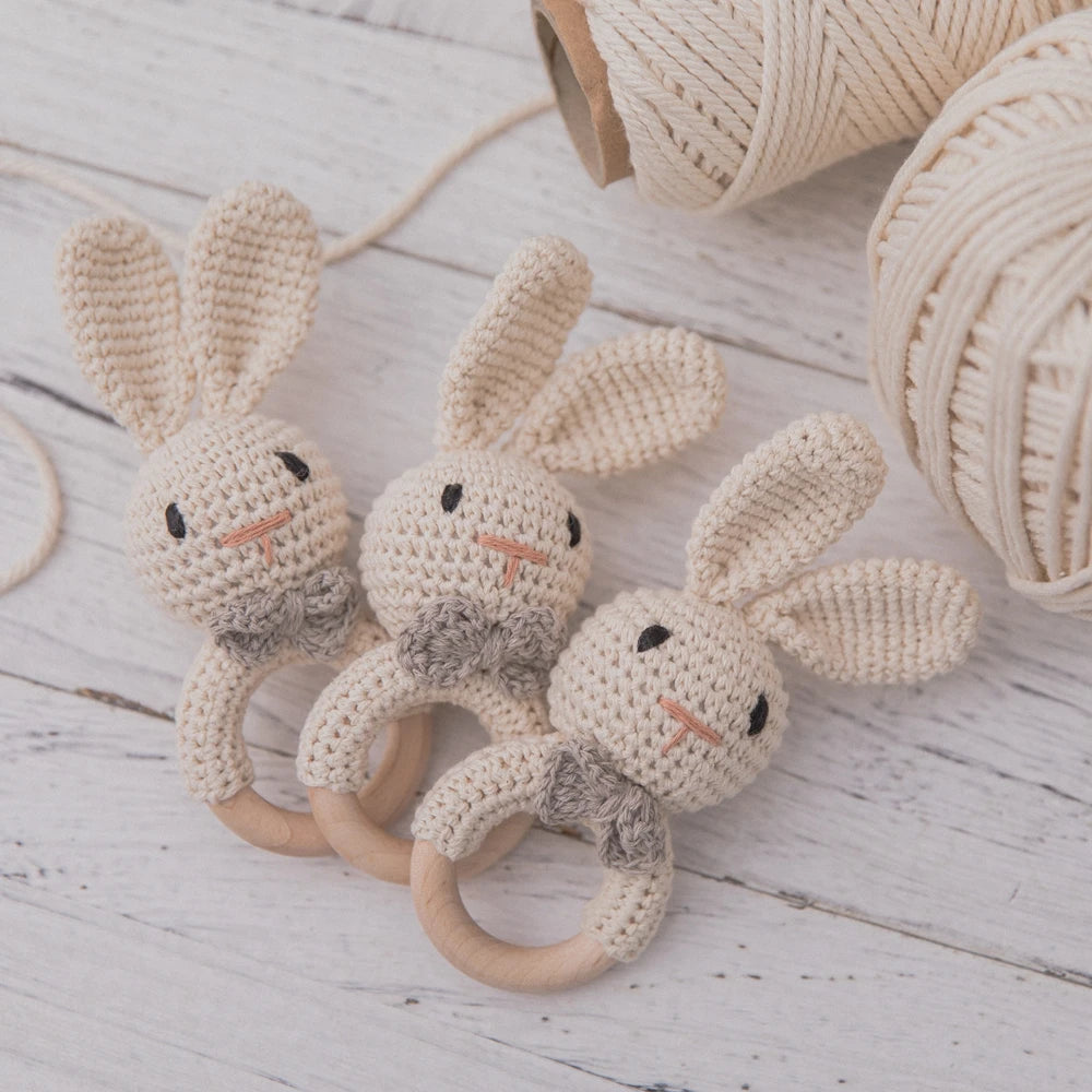 Baby Crochet Rattle Wooden Teether Toy BPA Free Wood Rodent Rabbit Rattle Baby Mobile Play Gym Newborn Educational Music Toys by Smarsty