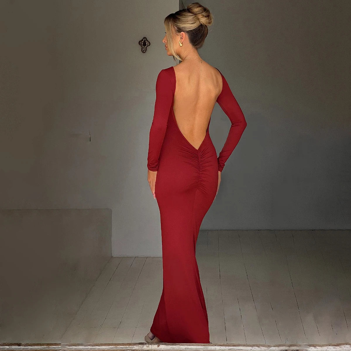Hugcitar Spring Elegant Long Sleeve Backless Solid Cuched Sexy Bodycon Maxi Prom Dress Women Outfit Evening Party Festival Y2K - Smarsty