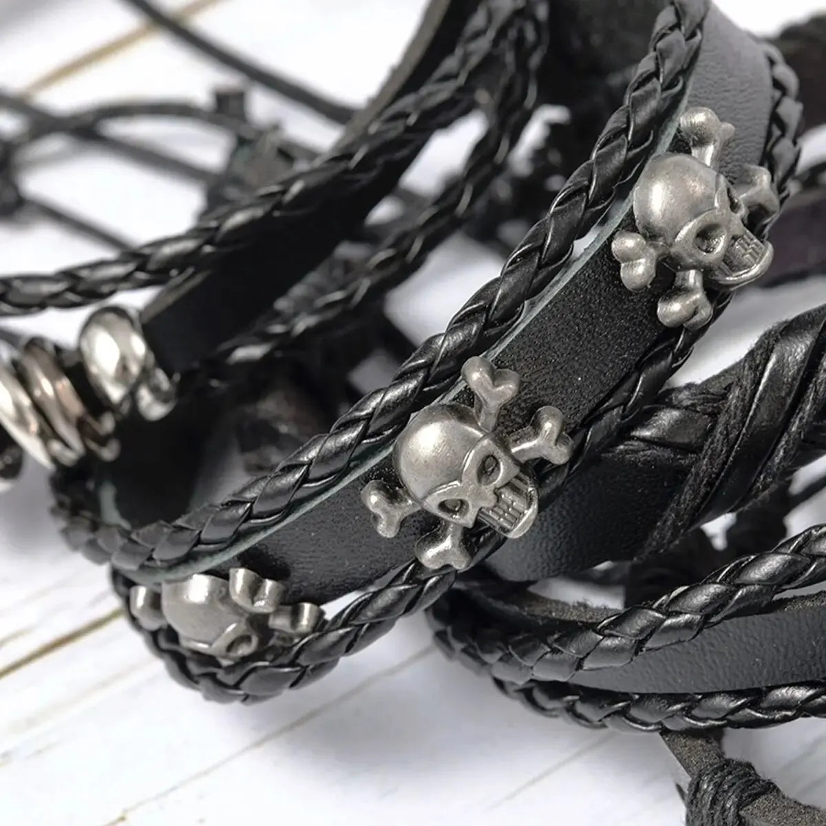 6pcs Black Punk Skull Leather Bracelets Set - Smarsty