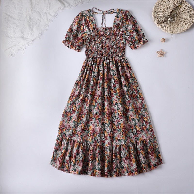 Summer Pleated Women Chiffon Dresses Casual Beach Holiday Short Sleeve Square Collar Woman Midi Dress Bohemian Mujer Vestidos - Smarsty
