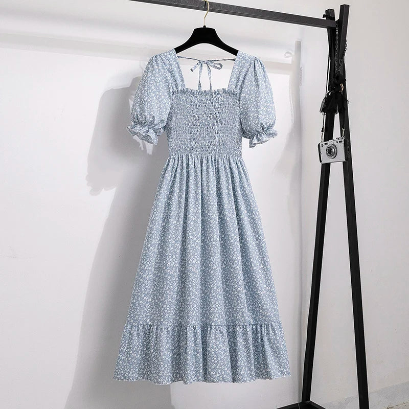 Spring Summer Chiffon Dresses Fashion Female Elastic Waist Short Sleeve Pleated Casual Dress Women A-line Dresses Vestidos - Smarsty