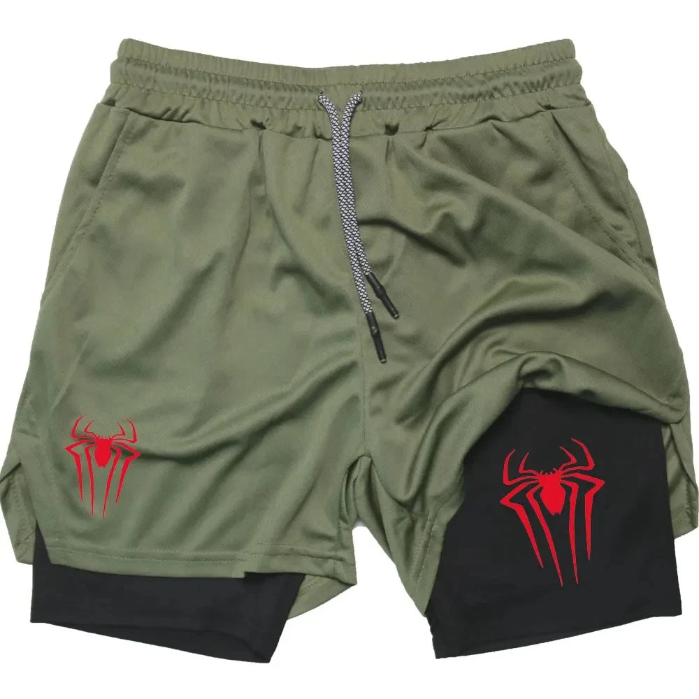 Y2K Performance Shorts Men Spider Printed GYM Casual Sports Compression Shorts Workout Running Mesh 2 In 1 Sport Short Pants - Smarsty