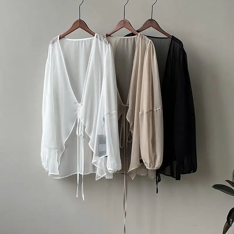 Shirts Women V-neck Loose Long Sleeve Open Stitch Korean Style Lace-up Simple Solid Summer Chiffon Breathable Minimalist Stylish - Smarsty
