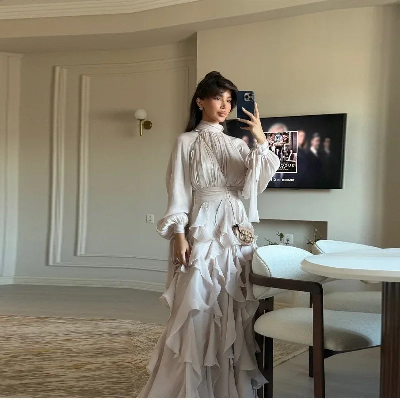 Shinny Ruffles Hem Maxi Dress A Line Long Sleeve Slim Fit Party Long Robes Lace Up Luxury Club Vestidos 2025 Lady Summer Gowns