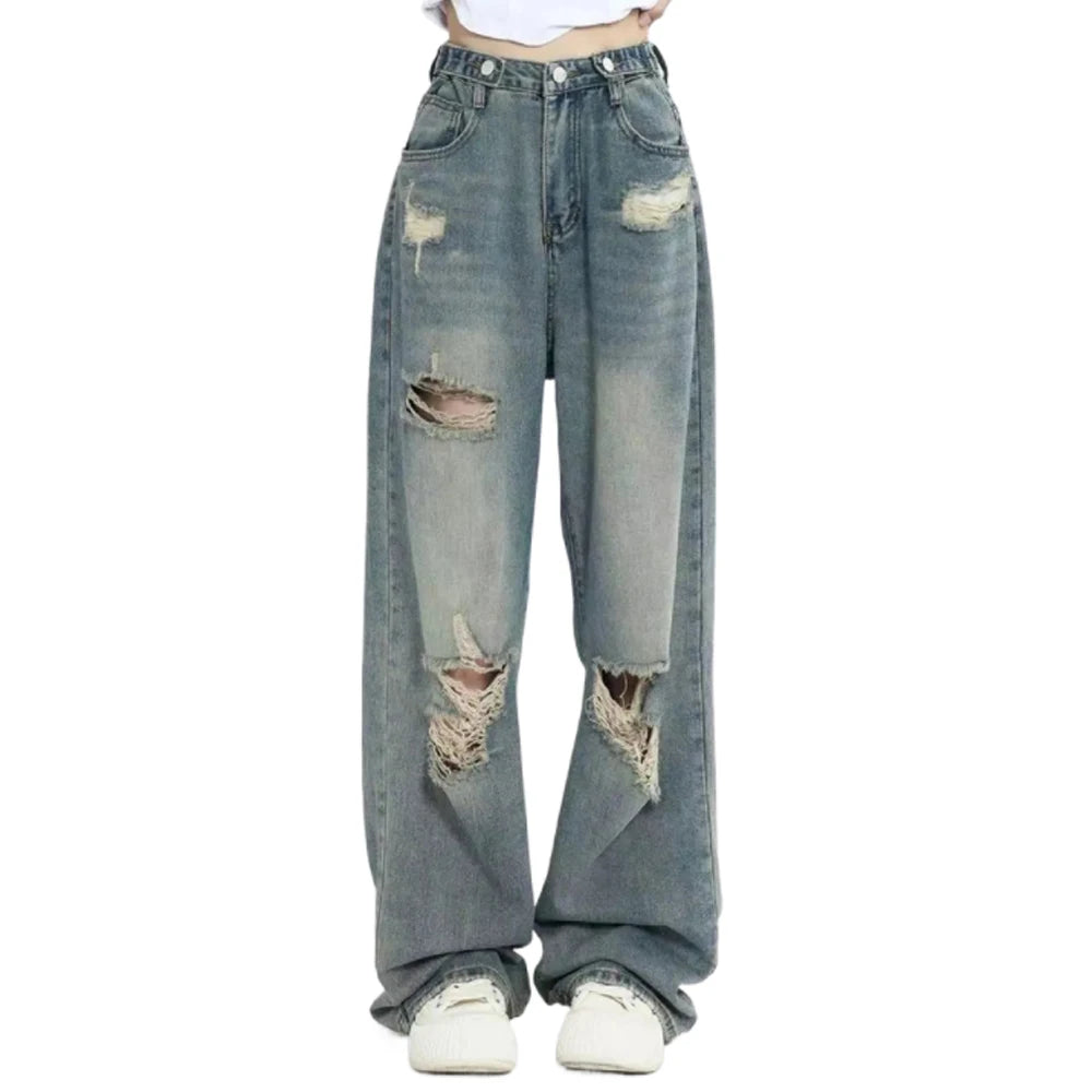 American Retro Hole-punched Jeans Women High Waist Straight-crotch Loose Slim Design High-street Vibe Wide-legged Dragging Pants - Smarsty
