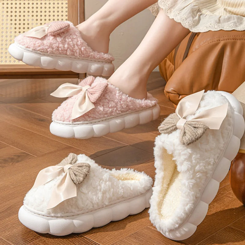 Winter Warm Fur Slippers for Women Cute bow House Non Slip Soft Shoes Comfort Flat Heel Home Indoor Bedroom Plush Slippers - Smarsty