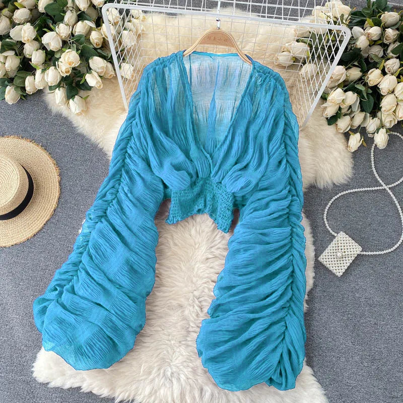 Women Sexy Chiffon Short Blouse Female See Through Super Long Sleeve Blusas Purple/Green/Black/White Folds Party Tops 2022 New - Smarsty