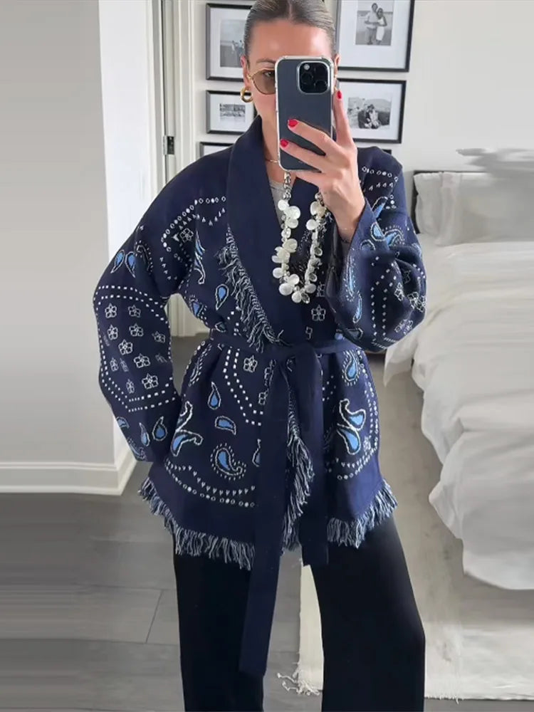 Tassel Patchwork Printed Cardigan Women Geometric Patterns Belts V-neck Long Sleeve Knitted Street Lady Sweater 2025 Autumn Coat - Smarsty