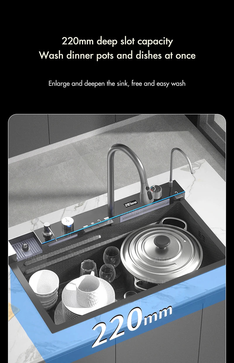 Large Stainless Steel Kitchen Sink with Digital Faucet Display - Smarsty